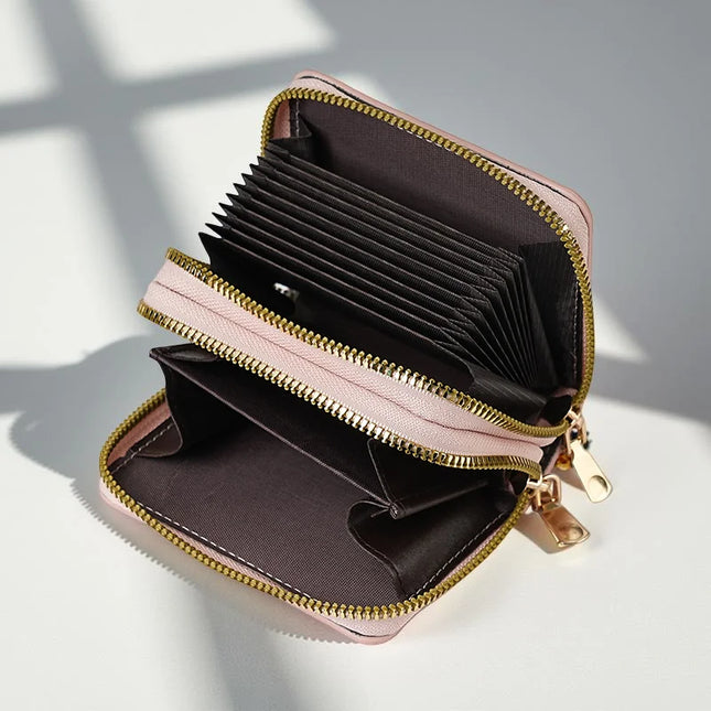 Stitch Design PU Leather Wallet – Double Zipper Short Coin Purse with Card Slots, Cute Cartoon Style, 4 Colors Available