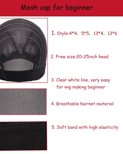 1Pcs Glueless Mesh Cap With White Line For Wig Making Black Frontal Map Cap With Guideline For Beginner Hairnet 4*4 Lace Closure