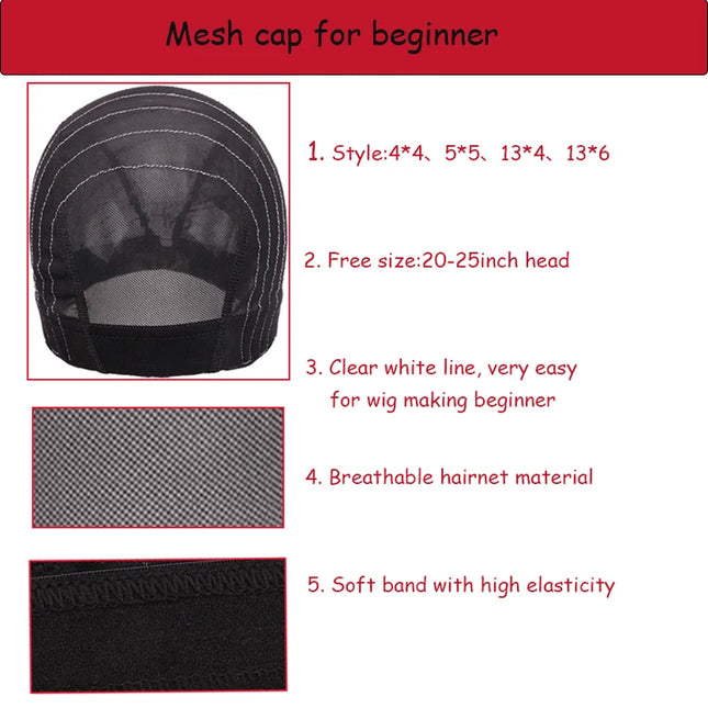 1Pcs Glueless Mesh Cap With White Line For Wig Making Black Frontal Map Cap With Guideline For Beginner Hairnet 4*4 Lace Closure