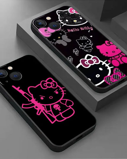 Phone Case For iPhone 11 12 13 14 Pro Max Mini XS XR X 8 7 6S 6 15 se Plus Black Silicone Cover Fundas Cute Cool Hello Kitty Cat
