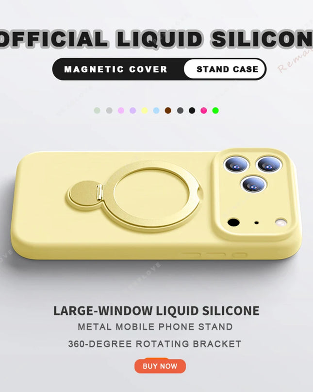 360 Magnetic Stand Liquid Silicone Phone Case For iPhone 17 Air 13 14 15 16 Pro Max Plus Magsafe Charge Holder Protector Cover