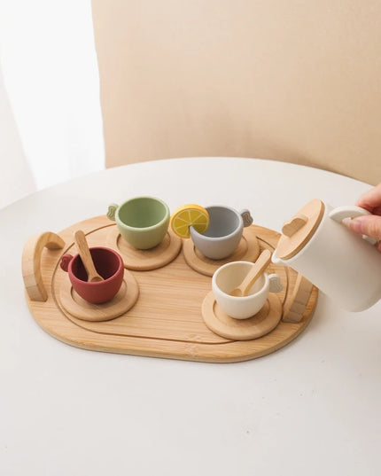 Wooden Montessori Toys Toddler Pretend Play Tea Party Set Silicone Teapot Cups Wood Tray Scoop Toys for Kids Birthday Gift