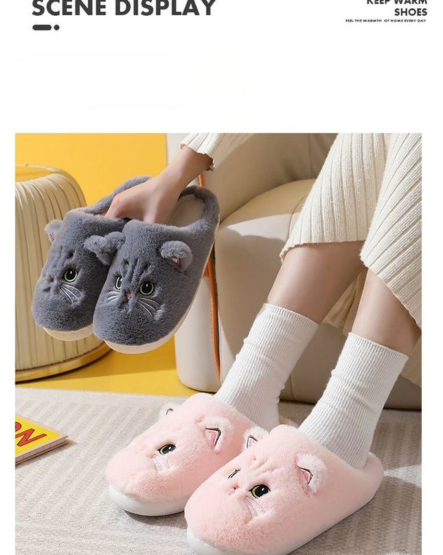 Winter Warm Slipper Women House Fuzzy Cat Cartoon Fur Plush Indoor Lazy Female Thermal Home Shoe Furry Funny Flat flip flop