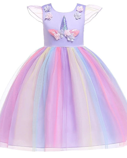 Kids Unicorn Dress for Girls Party Dresses Flower Appliques Ball Gown Little Girl Princess Costumes Summer Children Clothing