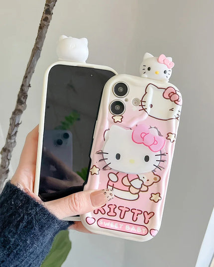 Pink Kitty Head Toy Grip Tok Holder Cartoon Wave Soft Phone Case For iPhone 16 Plus 15 14 Pro Max 13 Mini 12 11 X XS XR 7 8 SE