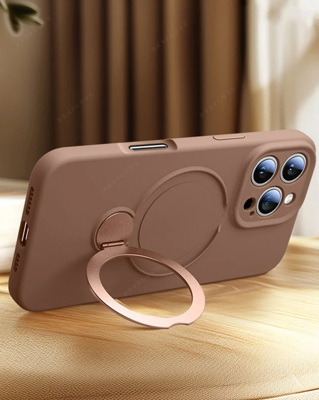 360 Magnetic Stand Liquid Silicone Phone Case For iPhone 17 Air 13 14 15 16 Pro Max Plus Magsafe Charge Holder Protector Cover