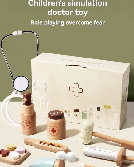 Children playing house simulation, doctors, nurses, stethoscopes, medical kits, syringes, toy sets, wooden boys and girls