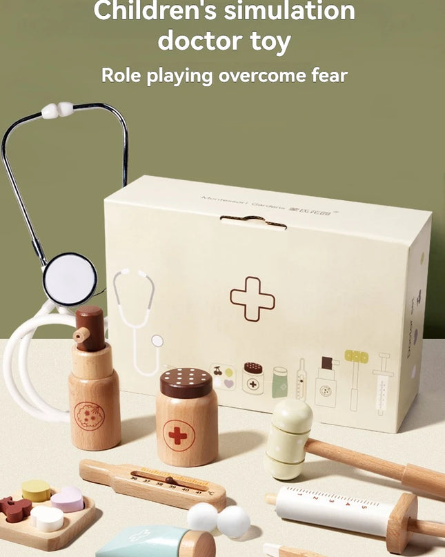 Children playing house simulation, doctors, nurses, stethoscopes, medical kits, syringes, toy sets, wooden boys and girls
