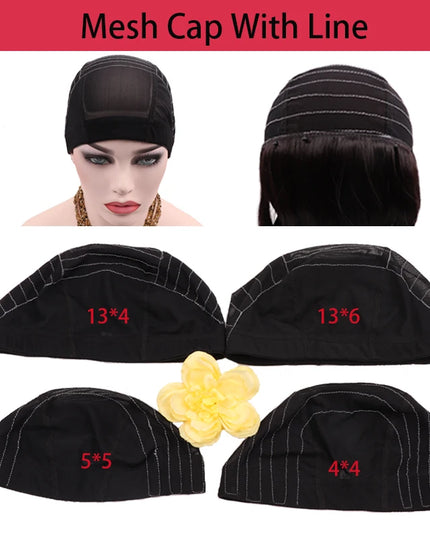 1Pcs Glueless Mesh Cap With White Line For Wig Making Black Frontal Map Cap With Guideline For Beginner Hairnet 4*4 Lace Closure