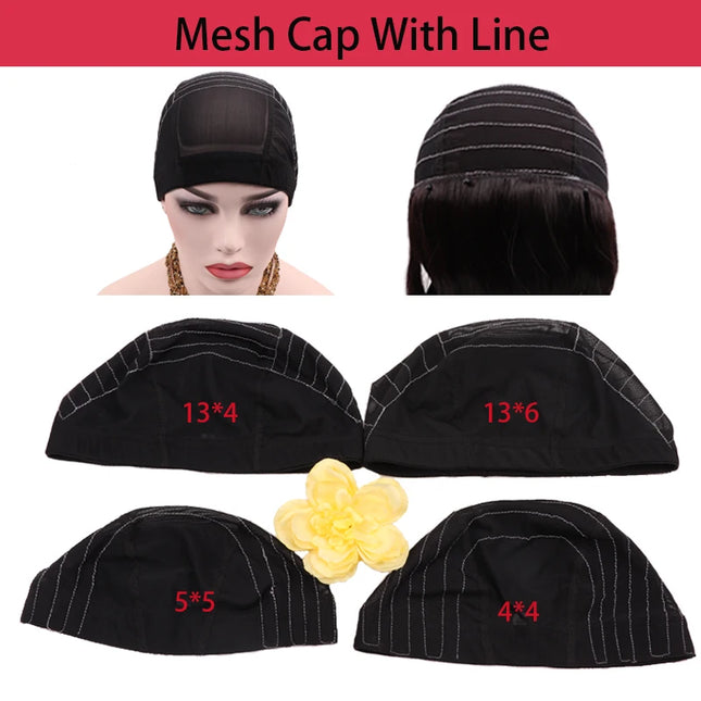 1Pcs Glueless Mesh Cap With White Line For Wig Making Black Frontal Map Cap With Guideline For Beginner Hairnet 4*4 Lace Closure
