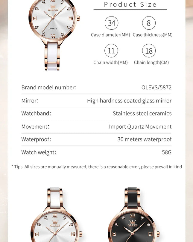 OLEVS 5872 Woman Watches Imported Japan Quartz Movement Waterproof Watch for Women Elegant Ceramic Strap Ladies Wristwatch Gifts