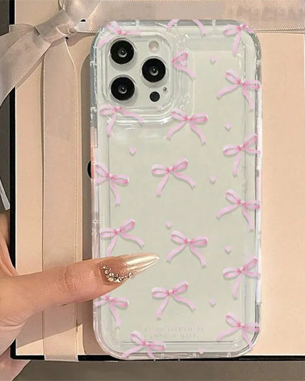Cute Pink Heart Bow Phone Case for IPhone 17 16 15 14 13 12 11 Pro Max 13 12 Mini 17Air 16e Shockproof Soft Clear Cases Coque