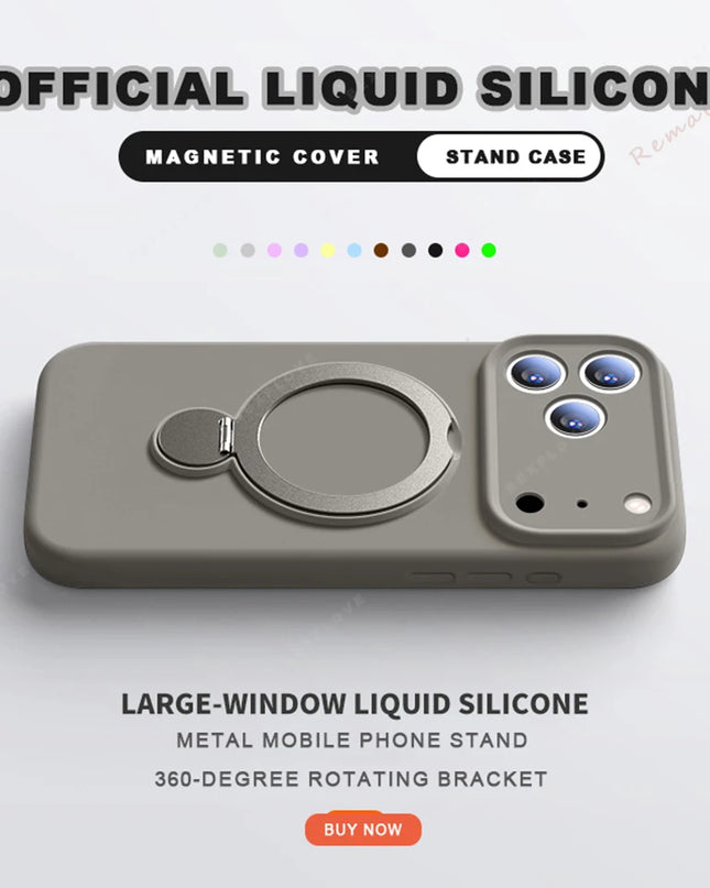 360 Magnetic Stand Liquid Silicone Phone Case For iPhone 17 Air 13 14 15 16 Pro Max Plus Magsafe Charge Holder Protector Cover
