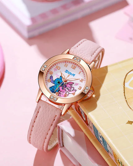 Fashion Cartoon Pattern Stitch Girls Watches Kids Leather Strap Children Watch with Rhinestone Dial reloj stich Exquisite Gift