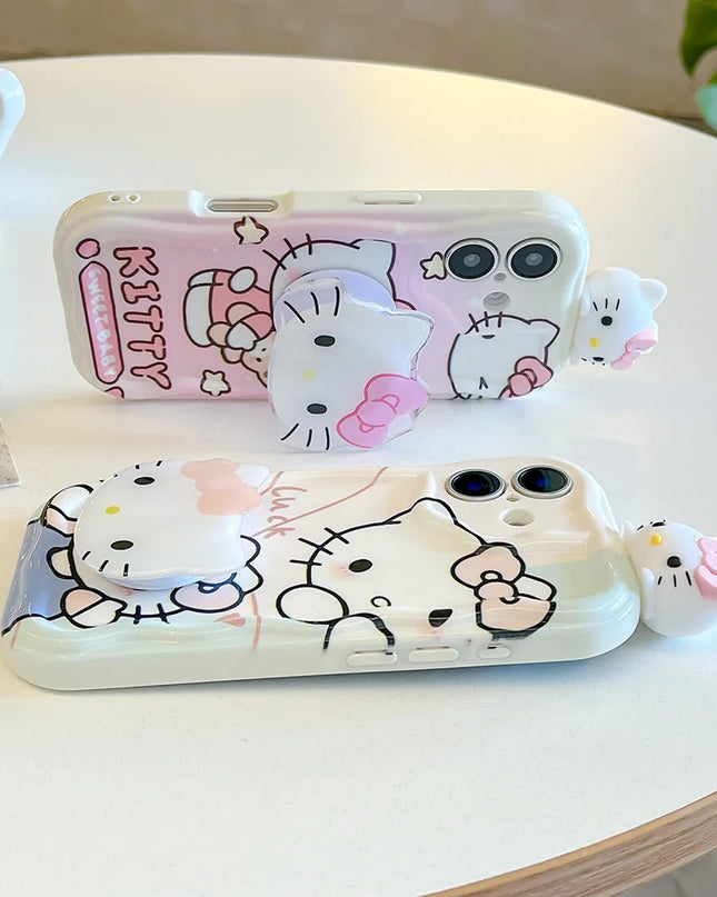 Pink Kitty Head Toy Grip Tok Holder Cartoon Wave Soft Phone Case For iPhone 16 Plus 15 14 Pro Max 13 Mini 12 11 X XS XR 7 8 SE