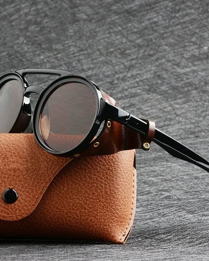 Steampunk Shields Sunglasses Men Women Classic SunGlasses With Side Leather Round Eyewear Pink UV400 Lens