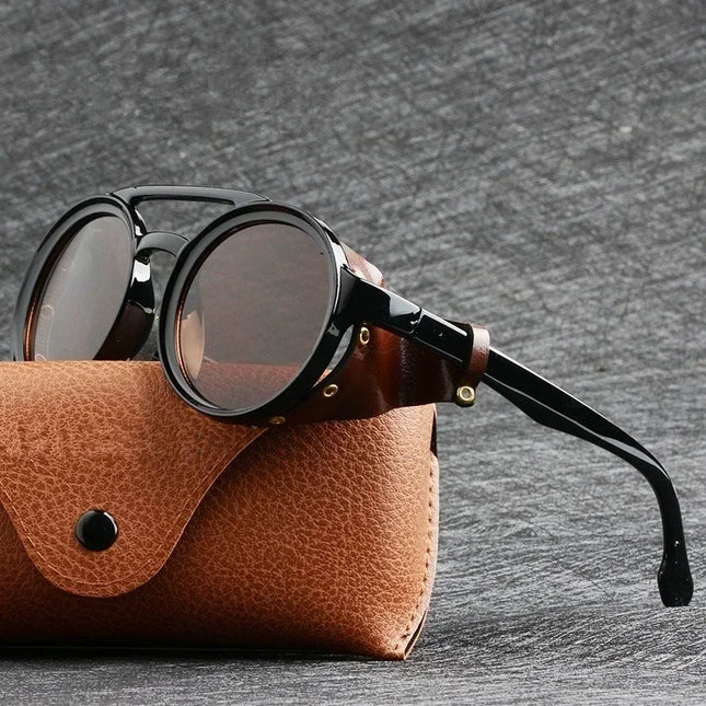 Steampunk Shields Sunglasses Men Women Classic SunGlasses With Side Leather Round Eyewear Pink UV400 Lens