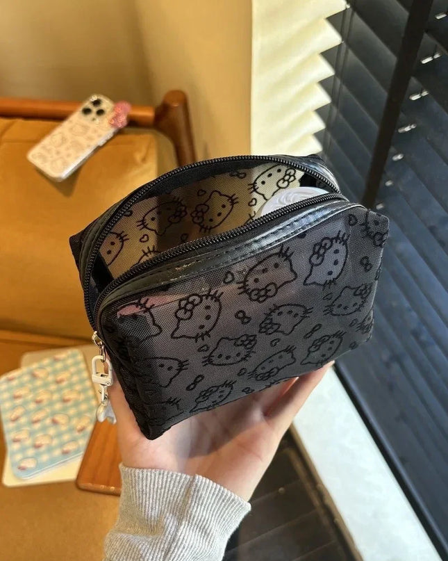 New Hello Kitty Mesh Material Cosmetics Storage Bag Creative High-Capacity Portable Zipper Handbag Cute Girls' Supplie