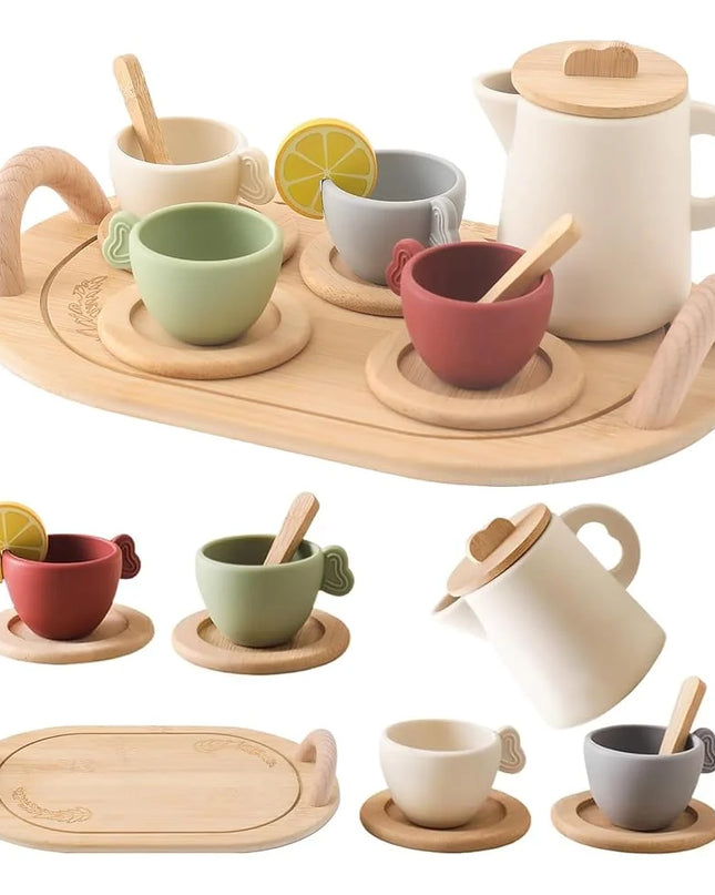 Wooden Montessori Toys Toddler Pretend Play Tea Party Set Silicone Teapot Cups Wood Tray Scoop Toys for Kids Birthday Gift