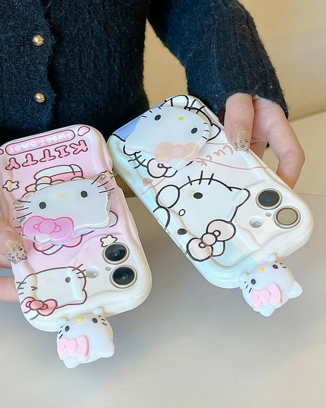 Pink Kitty Head Toy Grip Tok Holder Cartoon Wave Soft Phone Case For iPhone 16 Plus 15 14 Pro Max 13 Mini 12 11 X XS XR 7 8 SE