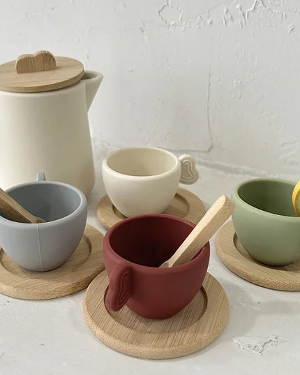 Wooden Montessori Toys Toddler Pretend Play Tea Party Set Silicone Teapot Cups Wood Tray Scoop Toys for Kids Birthday Gift