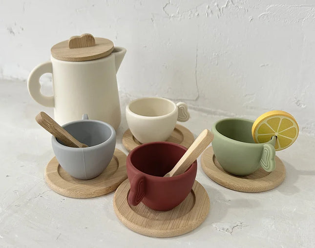 Wooden Montessori Toys Toddler Pretend Play Tea Party Set Silicone Teapot Cups Wood Tray Scoop Toys for Kids Birthday Gift