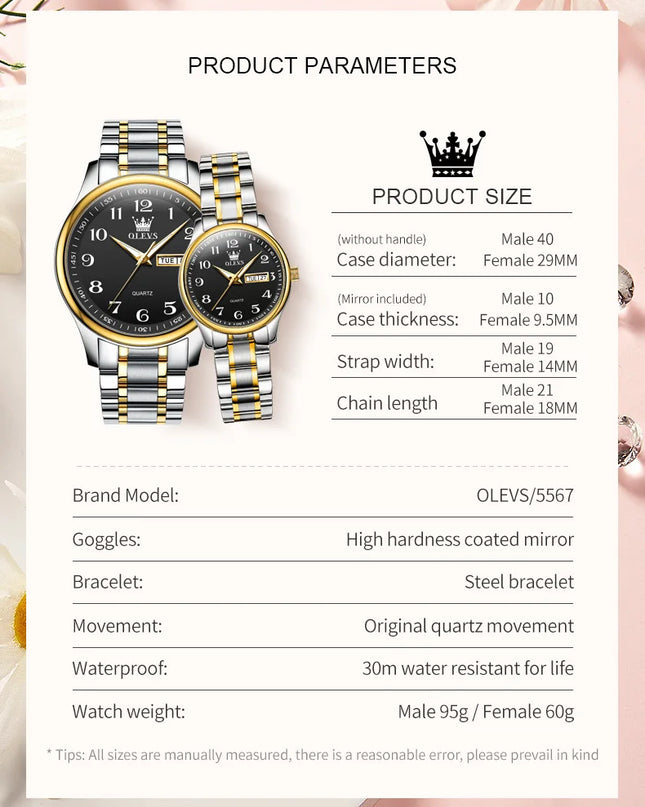 OLEVS 5567 Couple Watches Waterproof Luminous Wristwatch for Lover Date Men‘s and Women's Wristwatch Simple Fashion