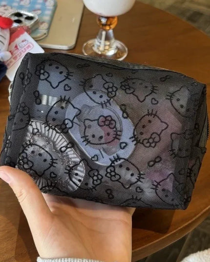 New Hello Kitty Mesh Material Cosmetics Storage Bag Creative High-Capacity Portable Zipper Handbag Cute Girls' Supplie