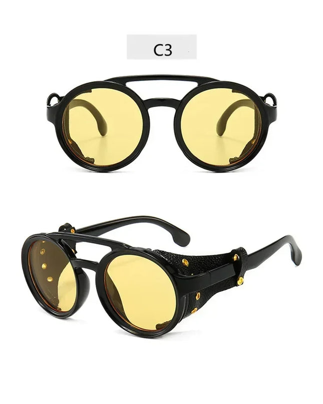 Steampunk Shields Sunglasses Men Women Classic SunGlasses With Side Leather Round Eyewear Pink UV400 Lens