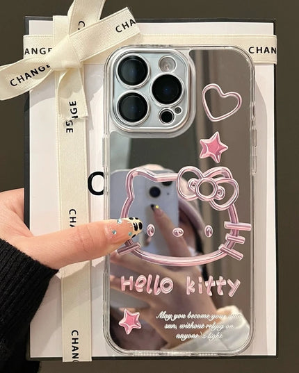 Cute Cartoon Sanrio Y2K Hello Kitty Silver Plating Phone Case For iPhone 16 15 14 13 12 11 Pro Max Cases Mirror Surface  Cover