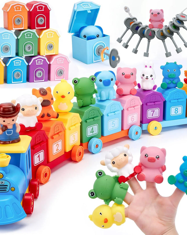 Toddler Learning Toys Montessori Train Set with Farm Animals Counting Sorting Toys Fine Motor Finger Puppets Games For Gifts