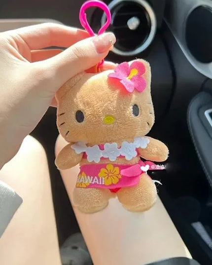 Hot Anime Hello Kitty Kuromi Dolls Filled Keychain Dark Skin Hawaiian Series Cartoon Accessory Toys Bag Pendant Charms