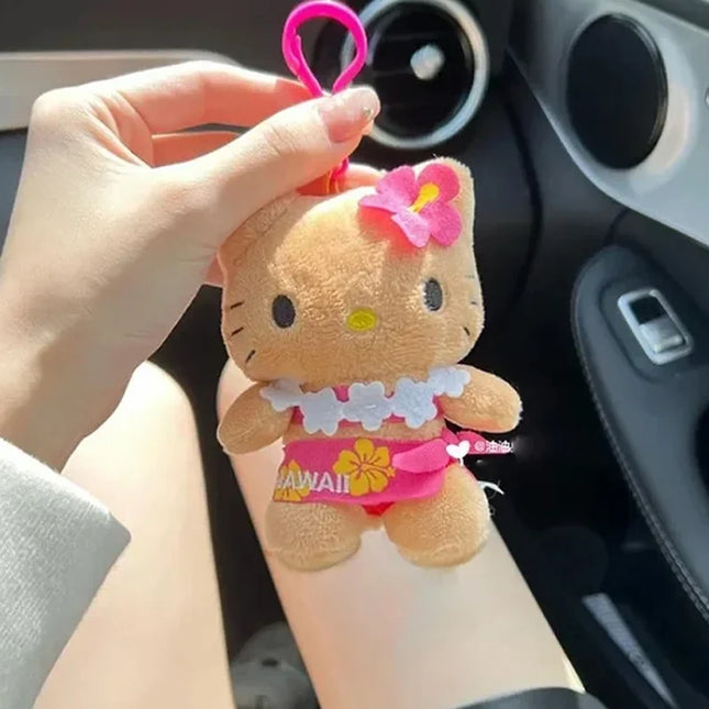 Hot Anime Hello Kitty Kuromi Dolls Filled Keychain Dark Skin Hawaiian Series Cartoon Accessory Toys Bag Pendant Charms