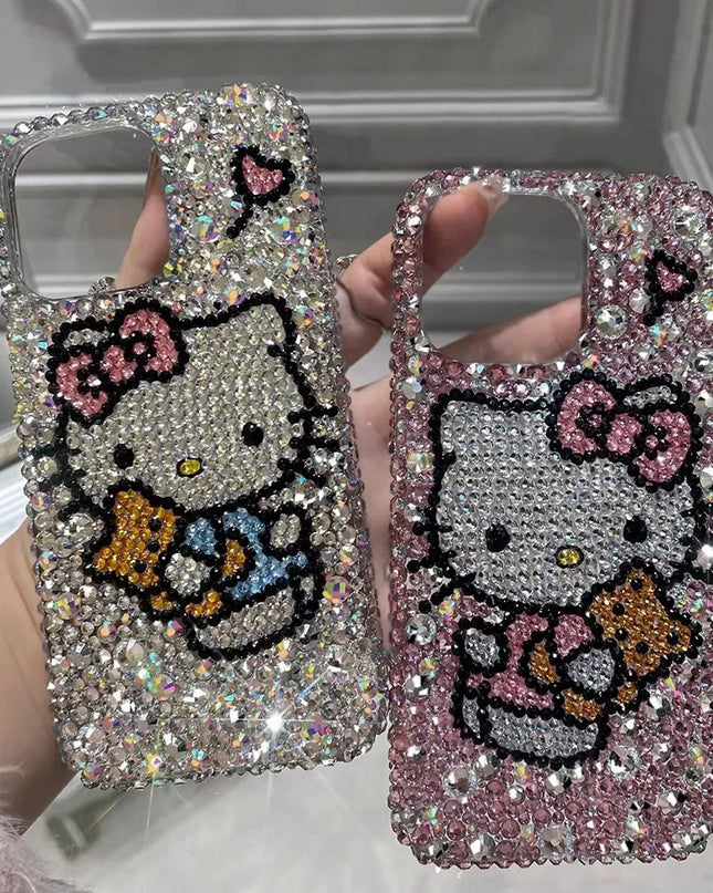 Hello Kitty Rhinestone Bling Crystal Phone Case Chain For iPhone 16 12 13 14 15Pro Max X Xs XR 7 8 Plus SE 2 3 10 Transparent Bu