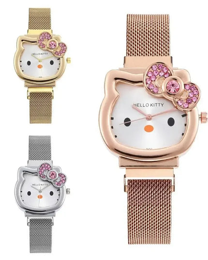Hello Kitty Bow Diamond Watch Sanrio Anime Fashionable Quartz Watches Cute Cartoon Magnet Watches Girls Birthday Gifts