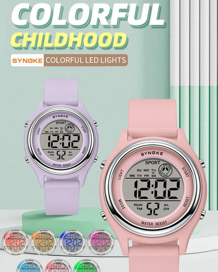 SYNOKE Colorful Children Seven Lights Watches Sport Students Digital Watch For Kids Waterproof Electronic Watch Shock Resist
