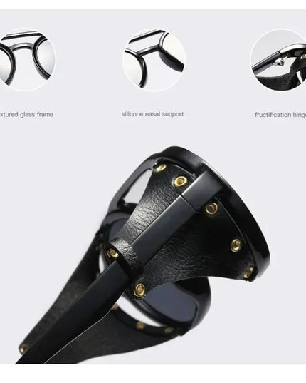 Steampunk Shields Sunglasses Men Women Classic SunGlasses With Side Leather Round Eyewear Pink UV400 Lens