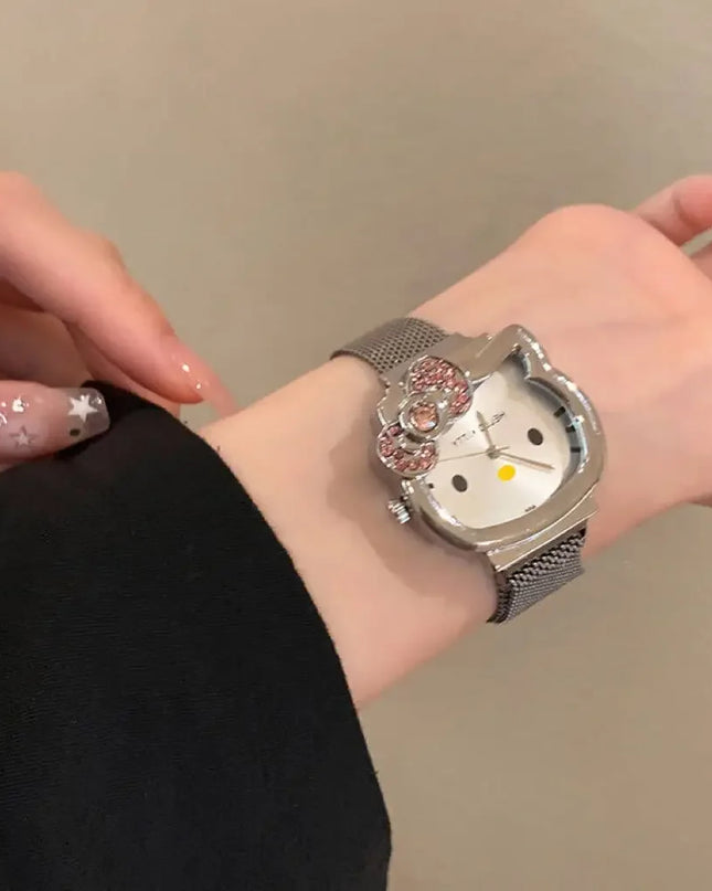 Hello Kitty Bow Diamond Watch Sanrio Anime Fashionable Quartz Watches Cute Cartoon Magnet Watches Girls Birthday Gifts