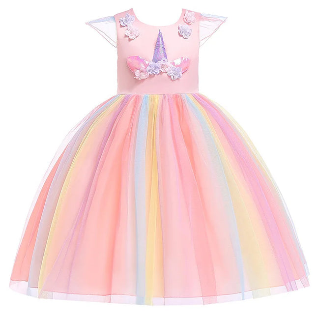 Kids Unicorn Dress for Girls Party Dresses Flower Appliques Ball Gown Little Girl Princess Costumes Summer Children Dresses