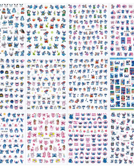 12sheet Cartoon Stitch Angel Nail Stickers Set Multiple Action Kawaii Stitch Nail Art Decals Adhesive Kids Manicure Decorations