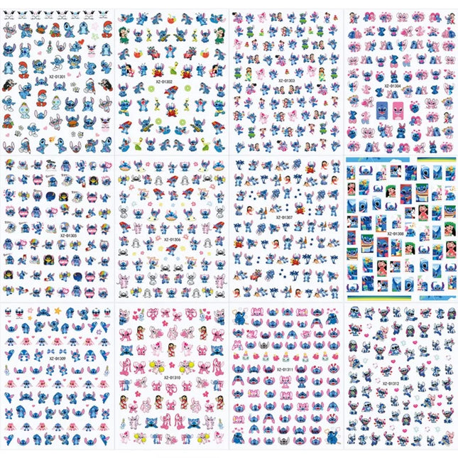 12sheet Cartoon Stitch Angel Nail Stickers Set Multiple Action Kawaii Stitch Nail Art Decals Adhesive Kids Manicure Decorations