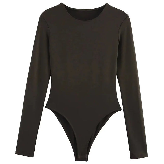 HXAO 2025 Bodysuit Women Body Sexy Women Black Brown Dark Brown Slimming Bodysuit Thong Long Sleeve Top Rave Basic Bodysuit 066