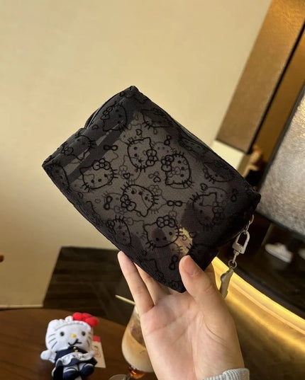 New Hello Kitty Mesh Material Cosmetics Storage Bag Creative High-Capacity Portable Zipper Handbag Cute Girls' Supplie
