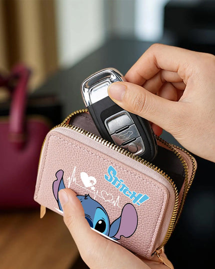 Stitch Design PU Leather Wallet – Double Zipper Short Coin Purse with Card Slots, Cute Cartoon Style, 4 Colors Available