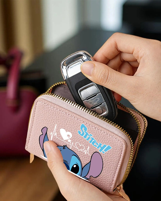 Stitch Design PU Leather Wallet – Double Zipper Short Coin Purse with Card Slots, Cute Cartoon Style, 4 Colors Available