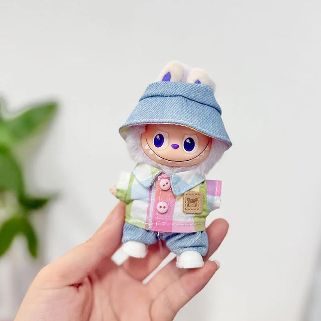 Handsome Labubu 4.0 Clothes Kawaii Bucket Hat Shirt Pants Set Mini Plush Doll Clothing Fashion Doll Accessories Gift