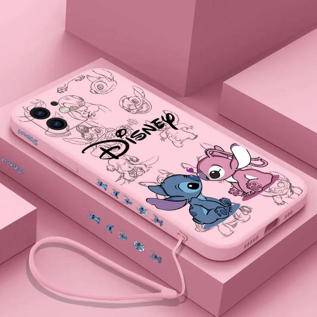 Disneys Super Cute Stitchs Couple Case For iPhone 16 15 14 13 12 11 Pro Max Mini X XR XSMAX 8 7 6S Plus Cover With Hand Strap