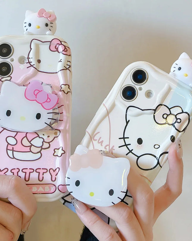 Pink Kitty Head Toy Grip Tok Holder Cartoon Wave Soft Phone Case For iPhone 16 Plus 15 14 Pro Max 13 Mini 12 11 X XS XR 7 8 SE