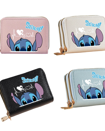 Stitch Design PU Leather Wallet – Double Zipper Short Coin Purse with Card Slots, Cute Cartoon Style, 4 Colors Available