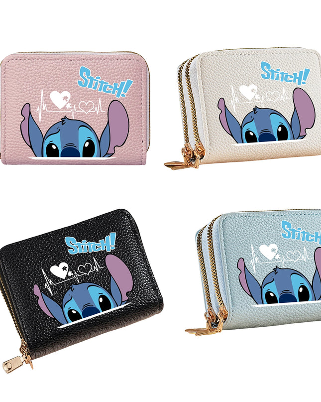 Stitch Design PU Leather Wallet – Double Zipper Short Coin Purse with Card Slots, Cute Cartoon Style, 4 Colors Available